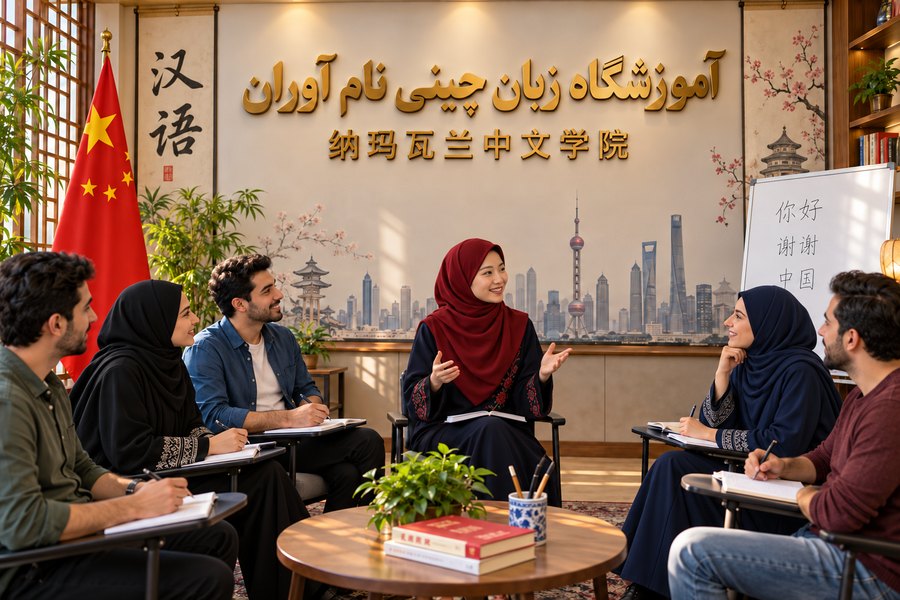 تصویر تبلیغاتی کلاس آموزشگاه زبان چینی نام آوران با حجاب کامل و نمادهای چین