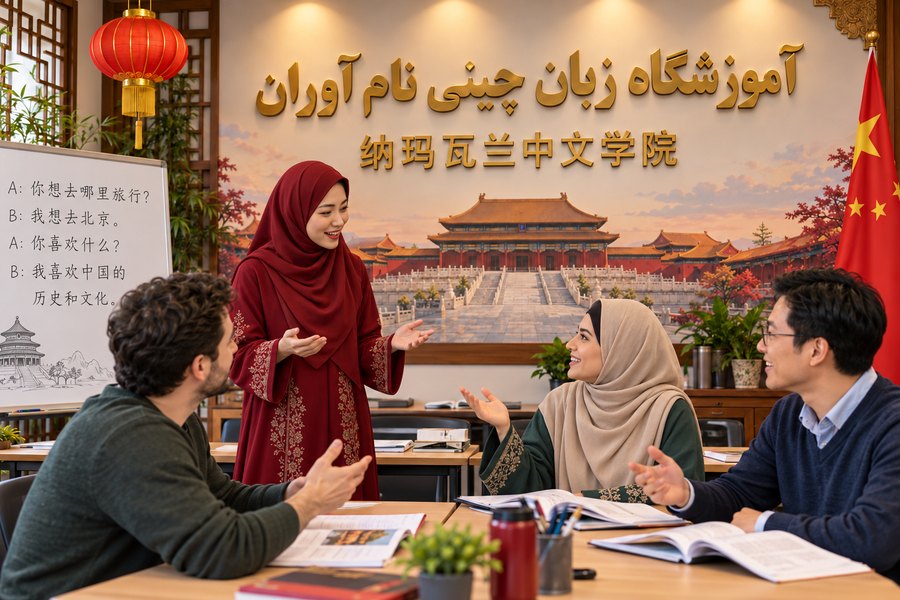 تصویر تبلیغاتی کلاس آموزشگاه زبان چینی نام آوران با حجاب کامل و نمادهای چین